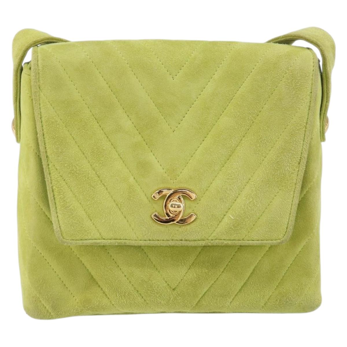 CHANEL V Stitch Shoulder Bag Suede Green Gold CC Auth 167900