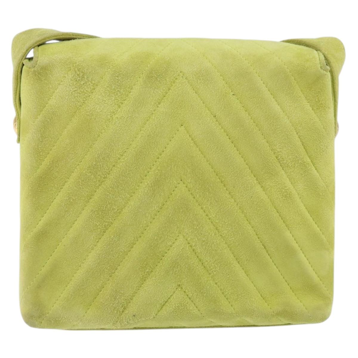 CHANEL V Stitch Shoulder Bag Suede Green Gold CC Auth 167900