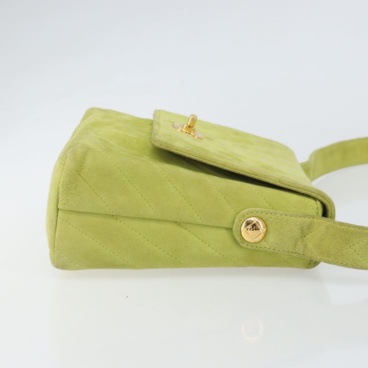 CHANEL V Stitch Shoulder Bag Suede Green Gold CC Auth 167900