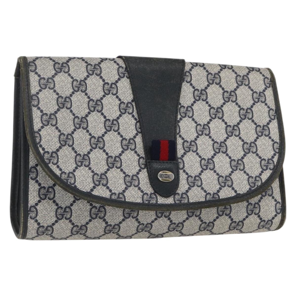 GUCCI GG Supreme Sherry Line Clutch Bag PVC Navy Gold 89 01 030 Auth 167905