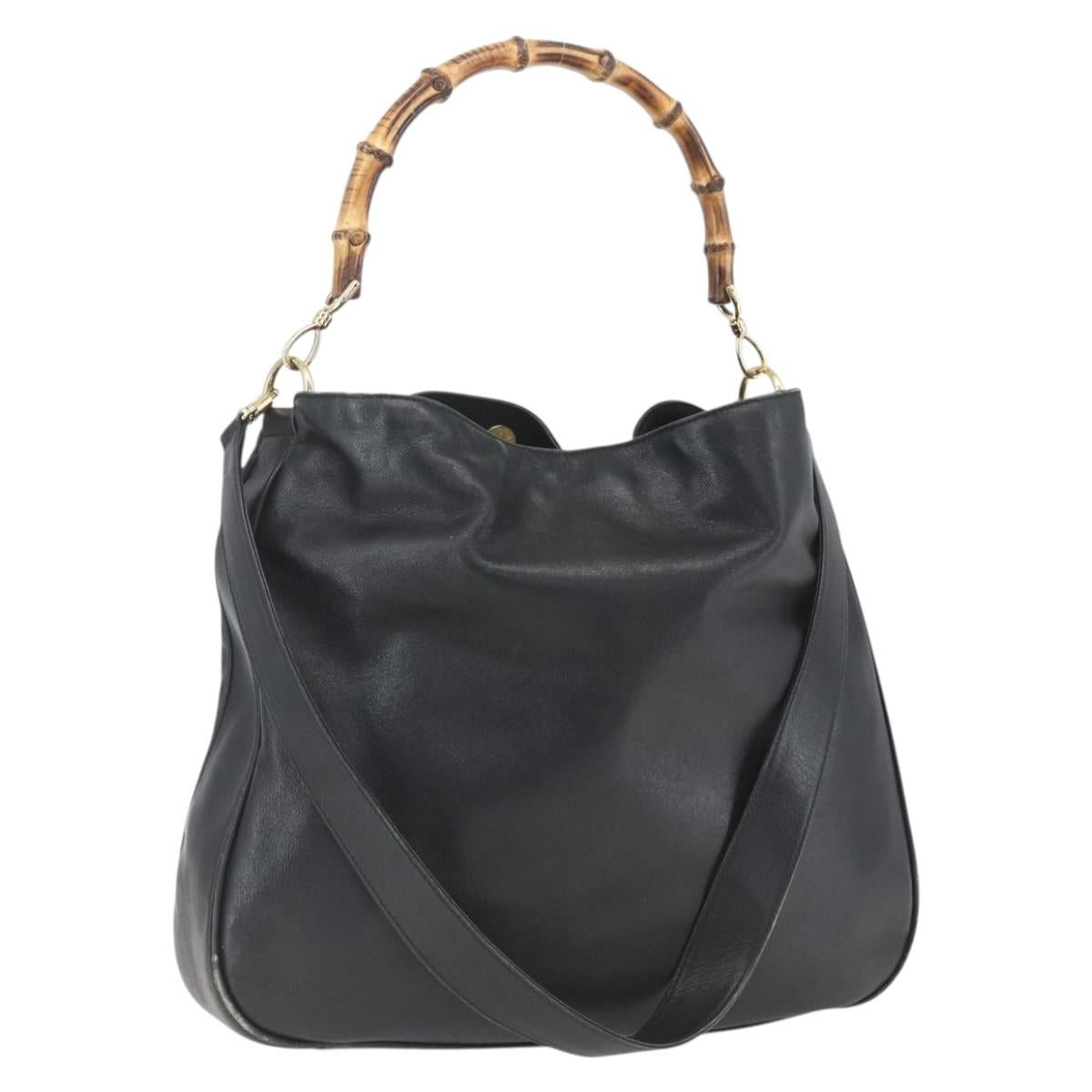 GUCCI Bamboo Shoulder Bag Leather 2way Black Gold 001 1577 Auth 167922