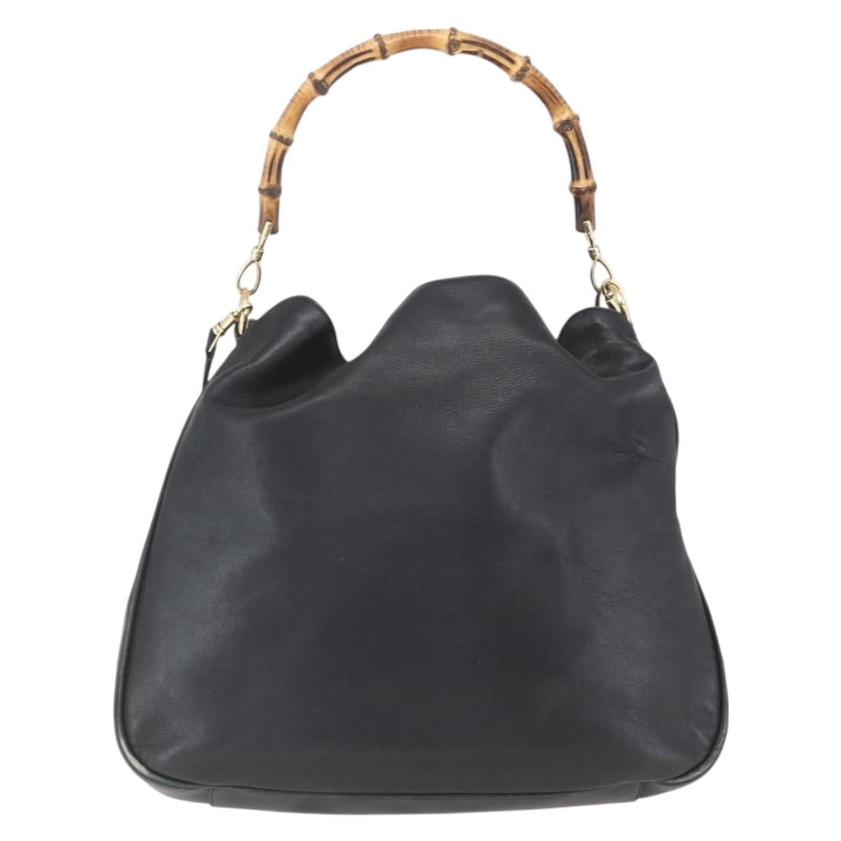 GUCCI Bamboo Shoulder Bag Leather 2way Black Gold 001 1577 Auth 167922