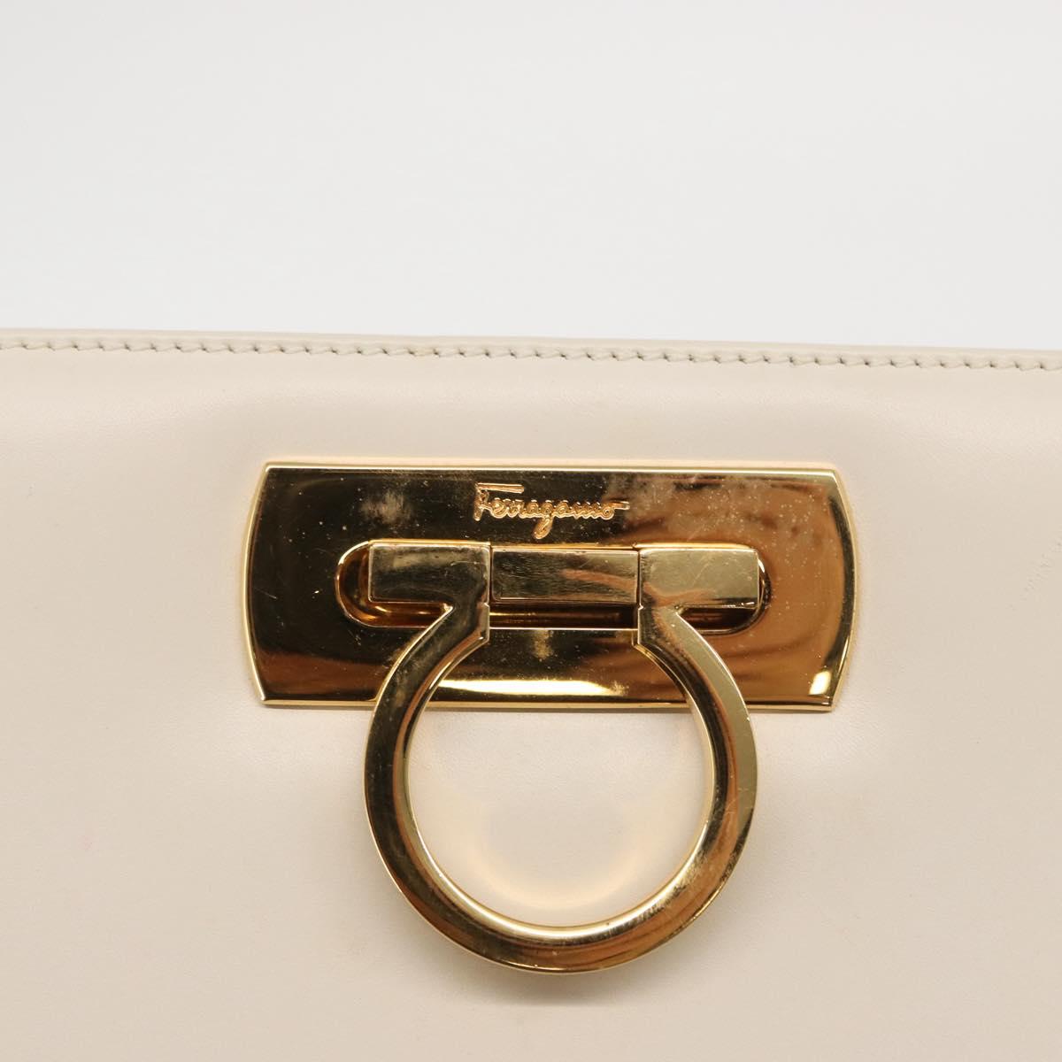 Salvatore Ferragamo Gancini Chain Shoulder Bag Leather White Gold Auth 167924