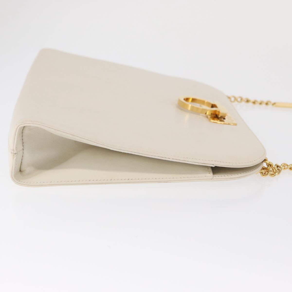 Salvatore Ferragamo Gancini Chain Shoulder Bag Leather White Gold Auth 167924