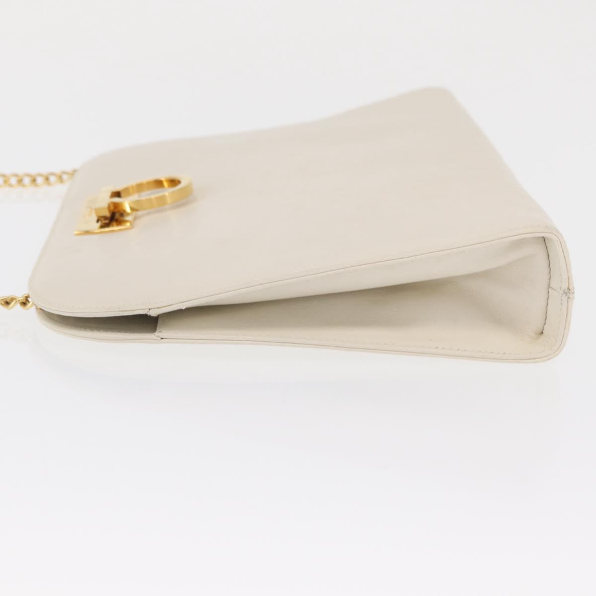 Salvatore Ferragamo Gancini Chain Shoulder Bag Leather White Gold Auth 167924