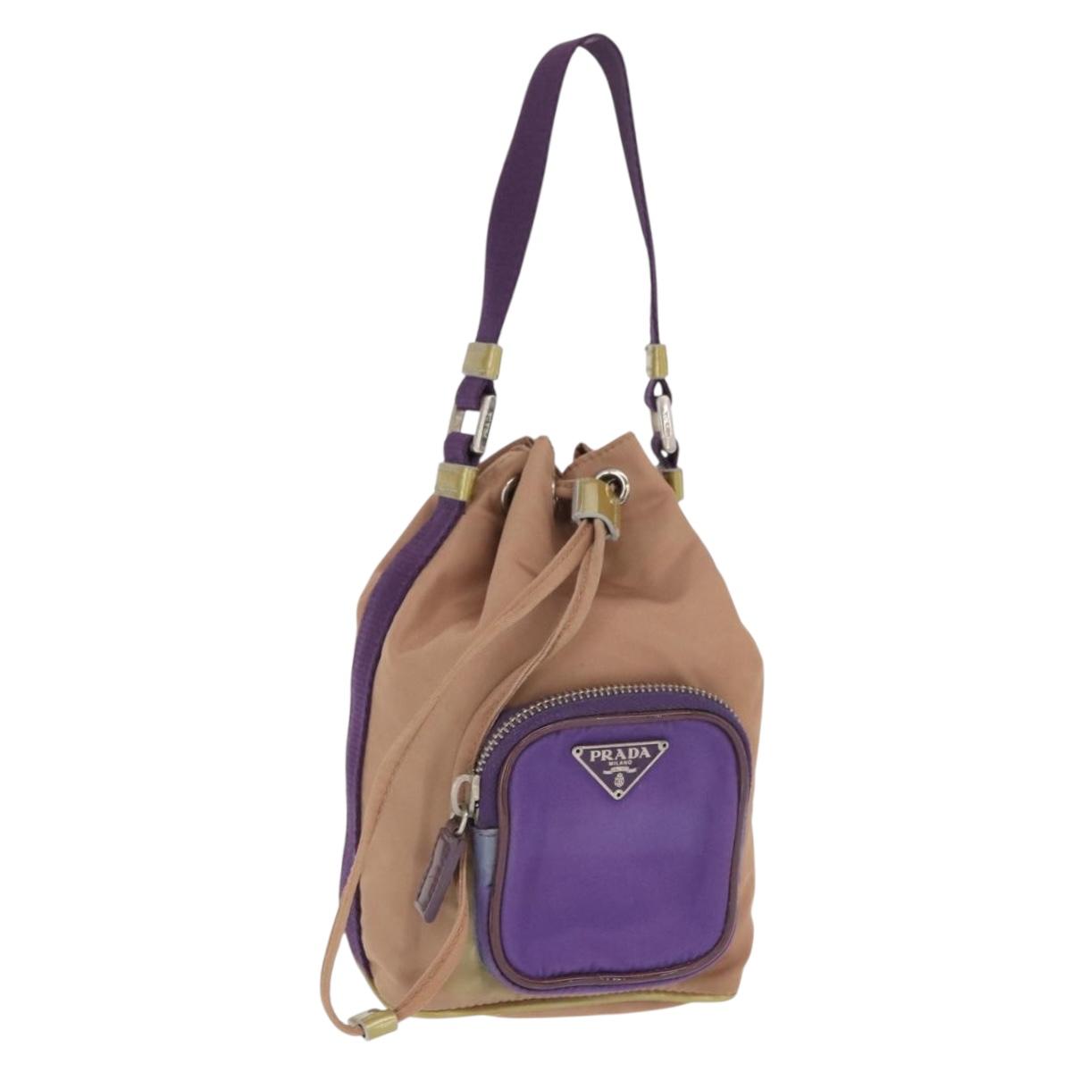 PRADA Hand Pouch Nylon Beige Silver Auth 167929