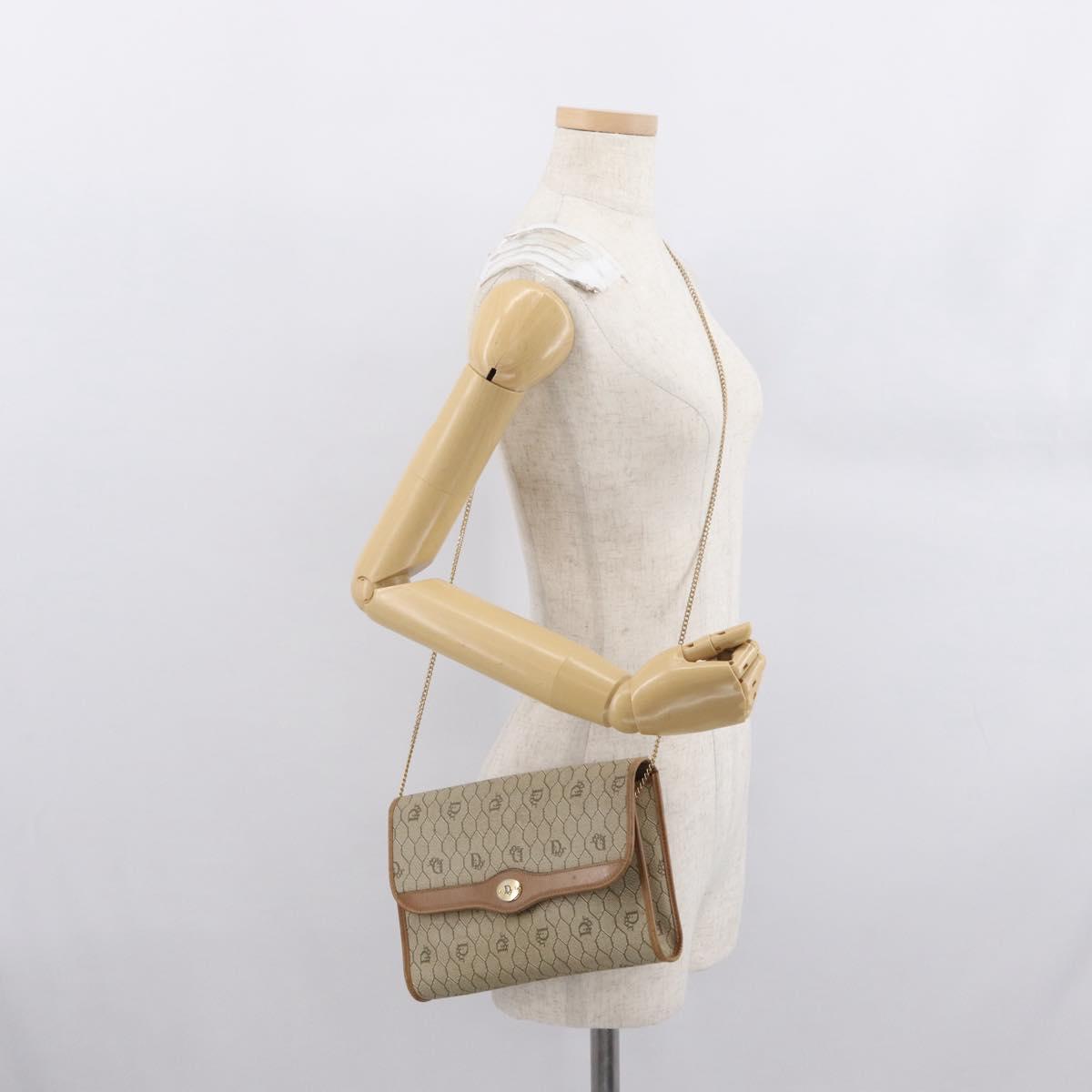 Christian Dior Honeycomb Canvas Chain Shoulder Bag PVC Beige Gold Auth 167930