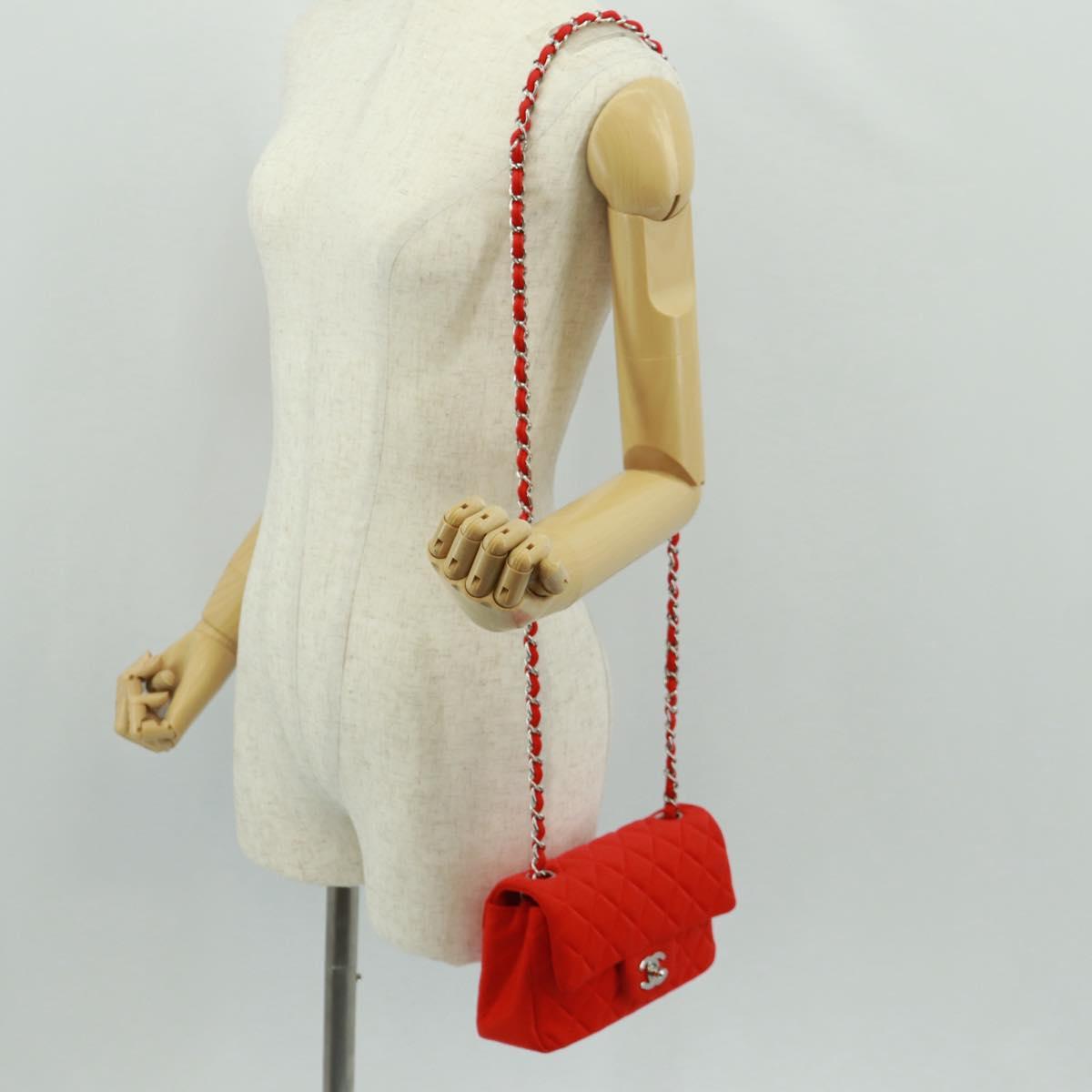 CHANEL Matelasse 20 Chain Shoulder Bag Cotton Red Silver CC Auth 167964SAV