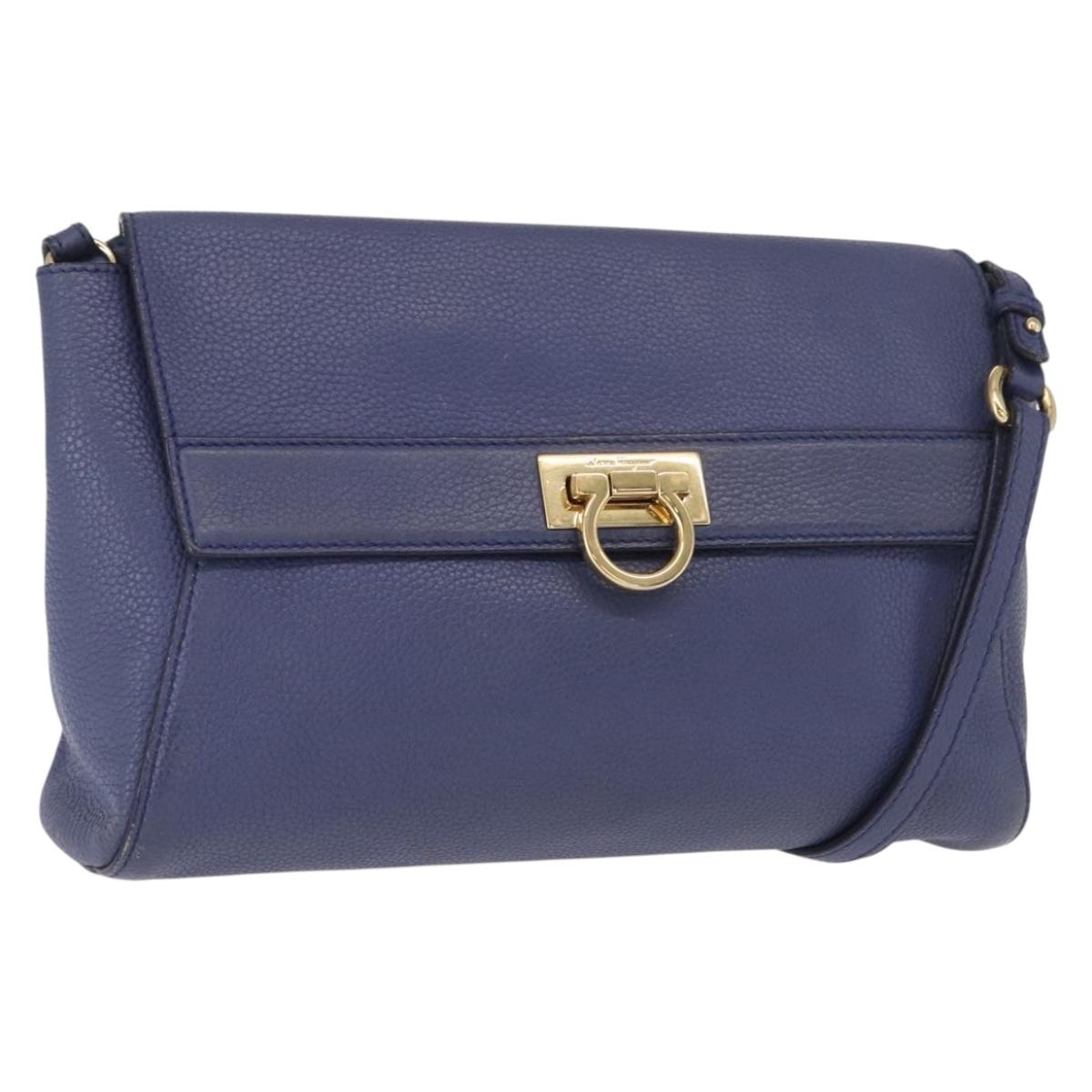 Salvatore Ferragamo Gancini Shoulder Bag Leather Navy Gold Auth 167996