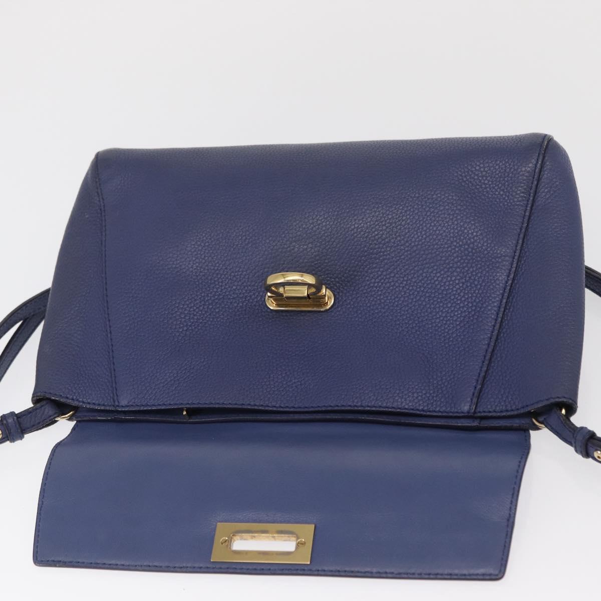 Salvatore Ferragamo Gancini Shoulder Bag Leather Navy Gold Auth 167996