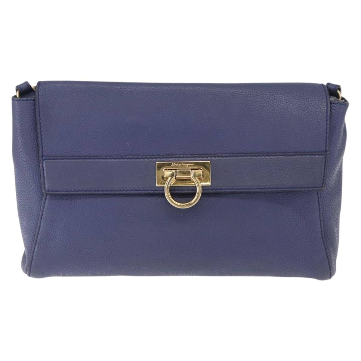 Salvatore Ferragamo Gancini Shoulder Bag Leather Navy Gold Auth 167996
