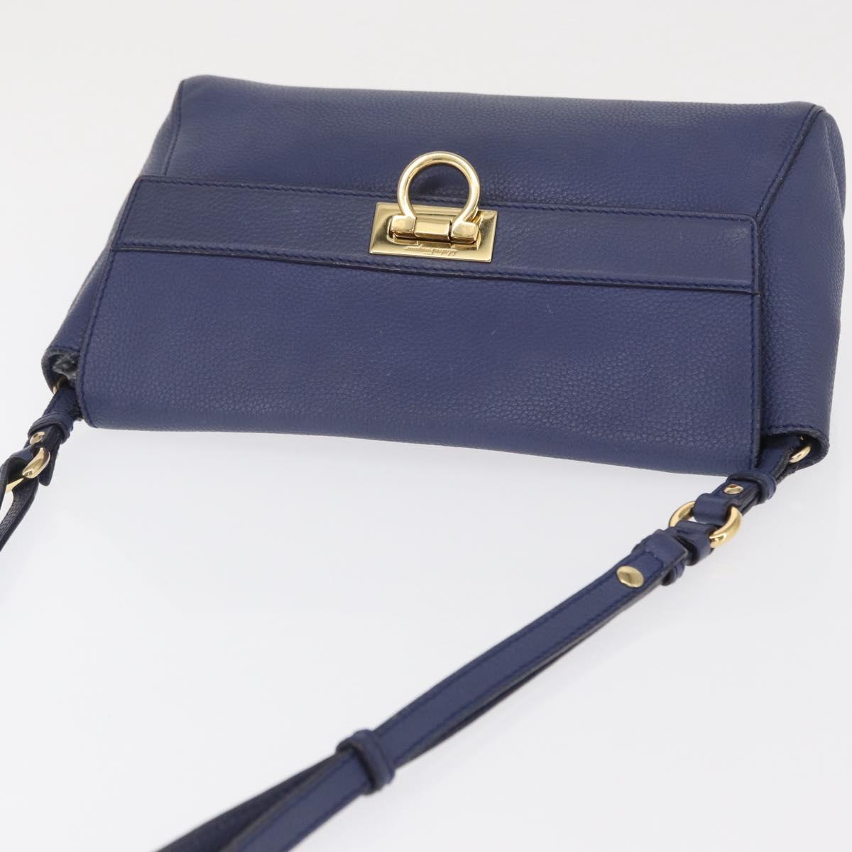 Salvatore Ferragamo Gancini Shoulder Bag Leather Navy Gold Auth 167996