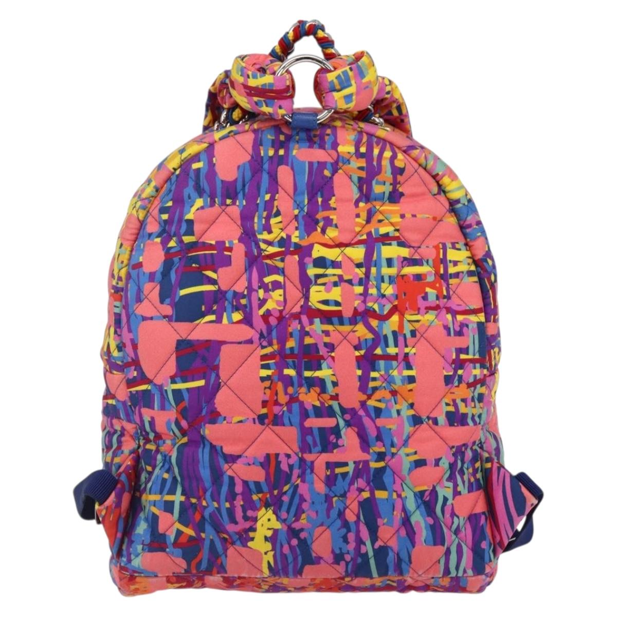 CHANEL Matelasse Backpack Nylon Multicolor Silver CC Auth 168037SAM