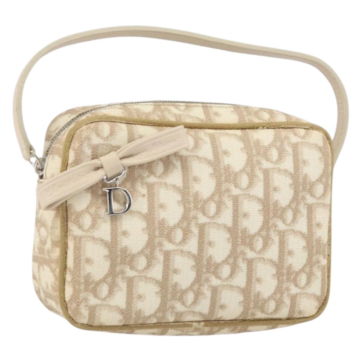 Christian Dior Trotter Canvas Romantic Pouch PVC Beige Silver Auth 168043