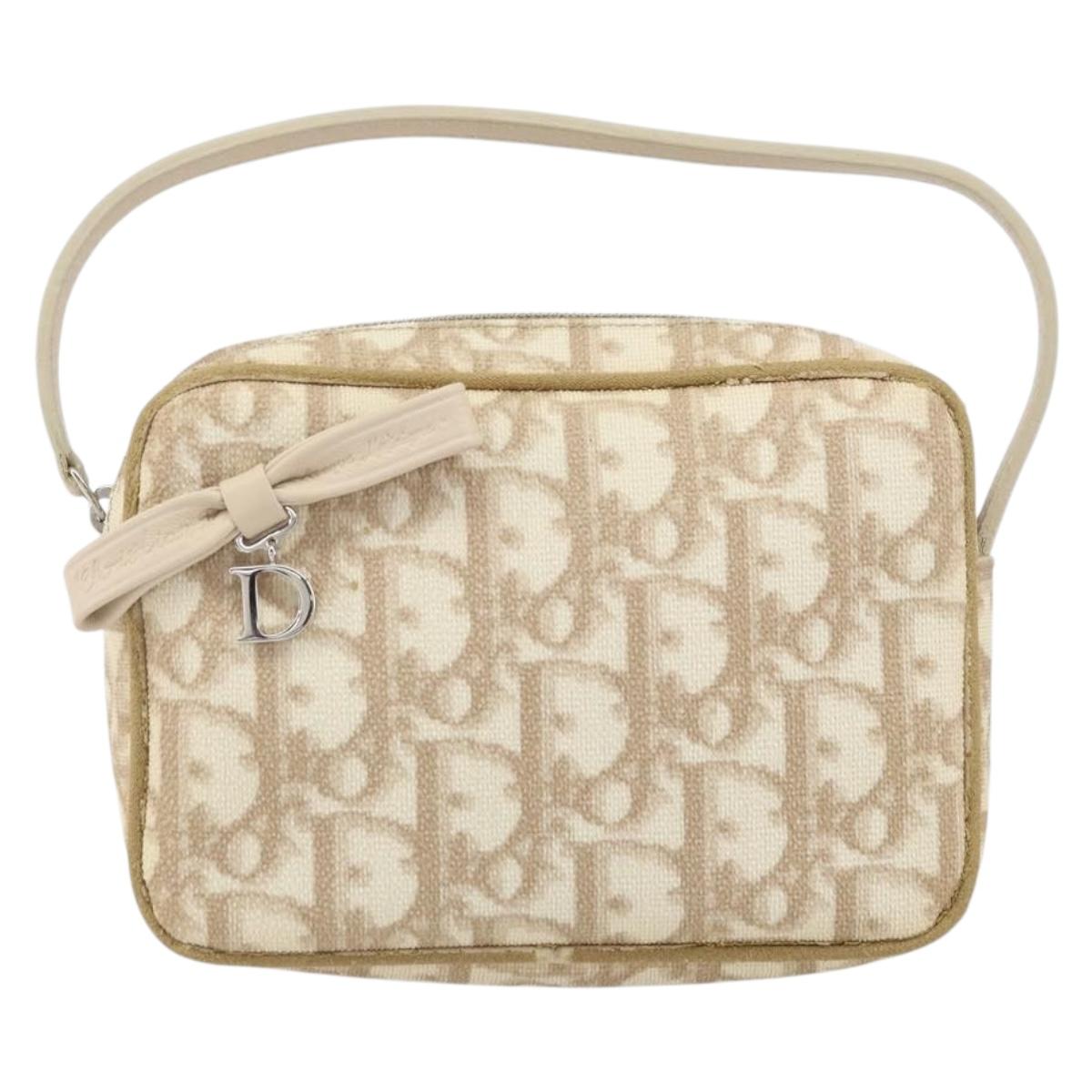 Christian Dior Trotter Canvas Romantic Pouch PVC Beige Silver Auth 168043