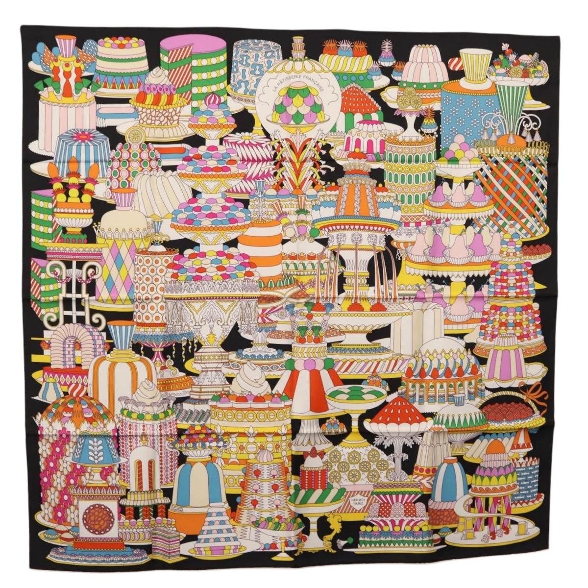 HERMES Carre 90 Scarf ""La Patisserie Francaise"" Silk Black Auth 168044SAM