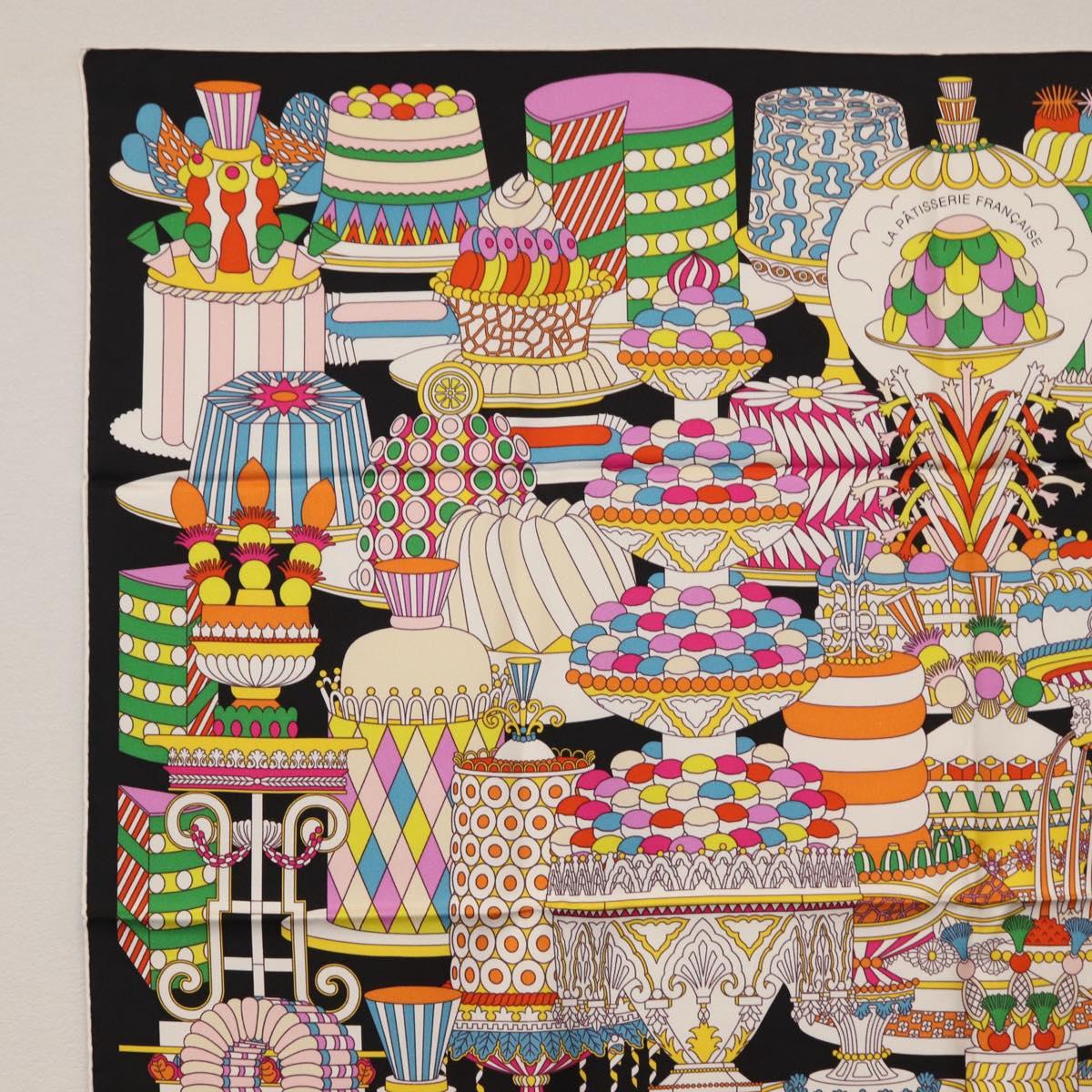 HERMES Carre 90 Scarf ""La Patisserie Francaise"" Silk Black Auth 168044SAM