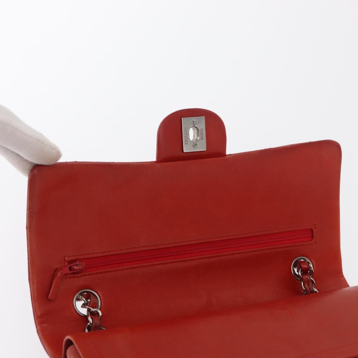 CHANEL Matelasse 25 Double Flap Chain Bag Lamb Skin Red Silver CC Auth 168059