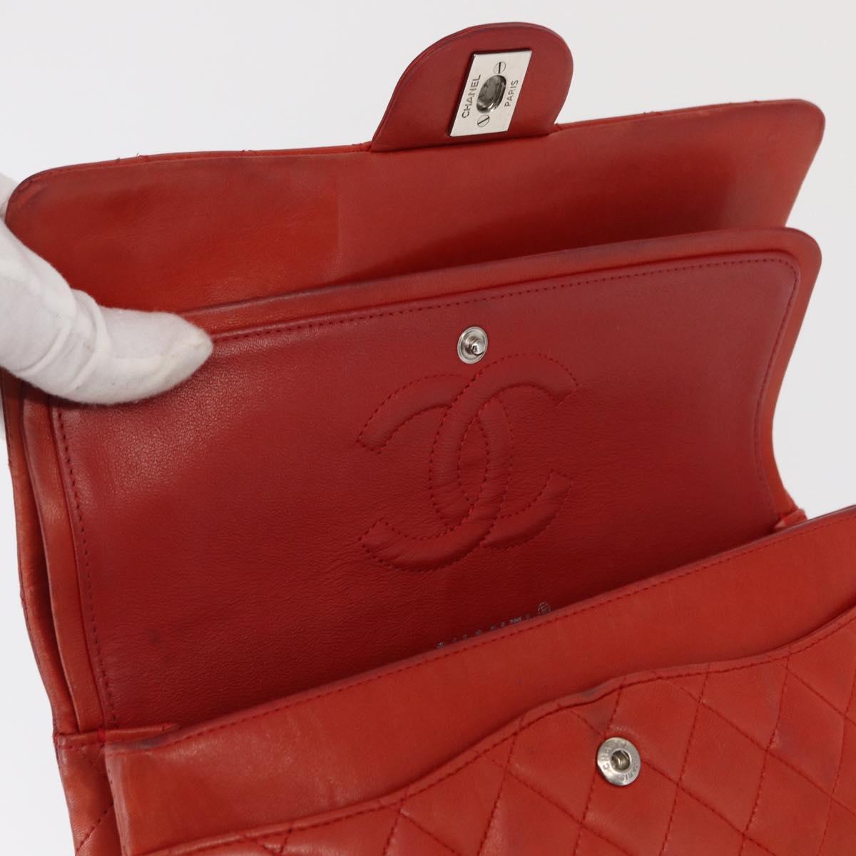 CHANEL Matelasse 25 Double Flap Chain Bag Lamb Skin Red Silver CC Auth 168059