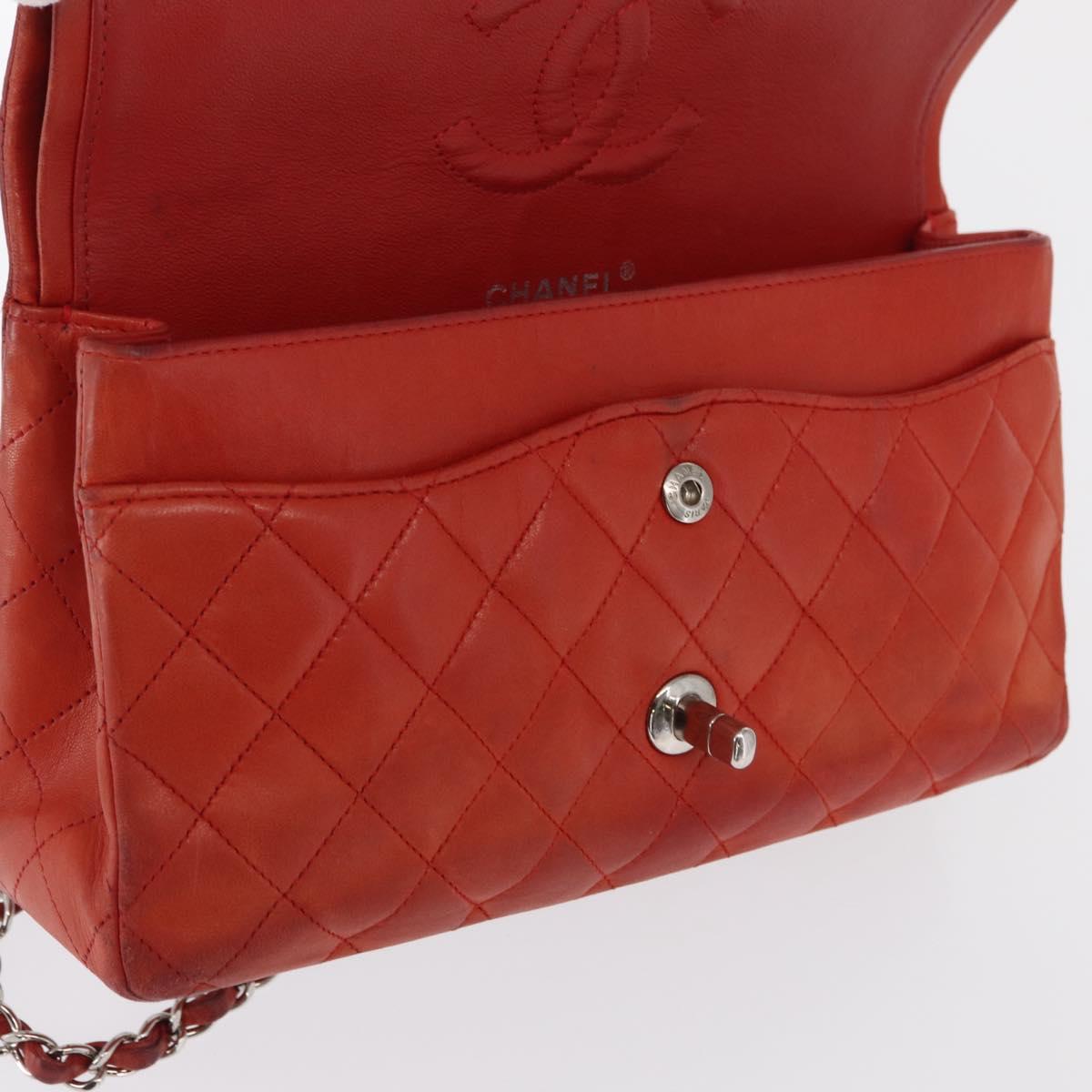CHANEL Matelasse 25 Double Flap Chain Bag Lamb Skin Red Silver CC Auth 168059