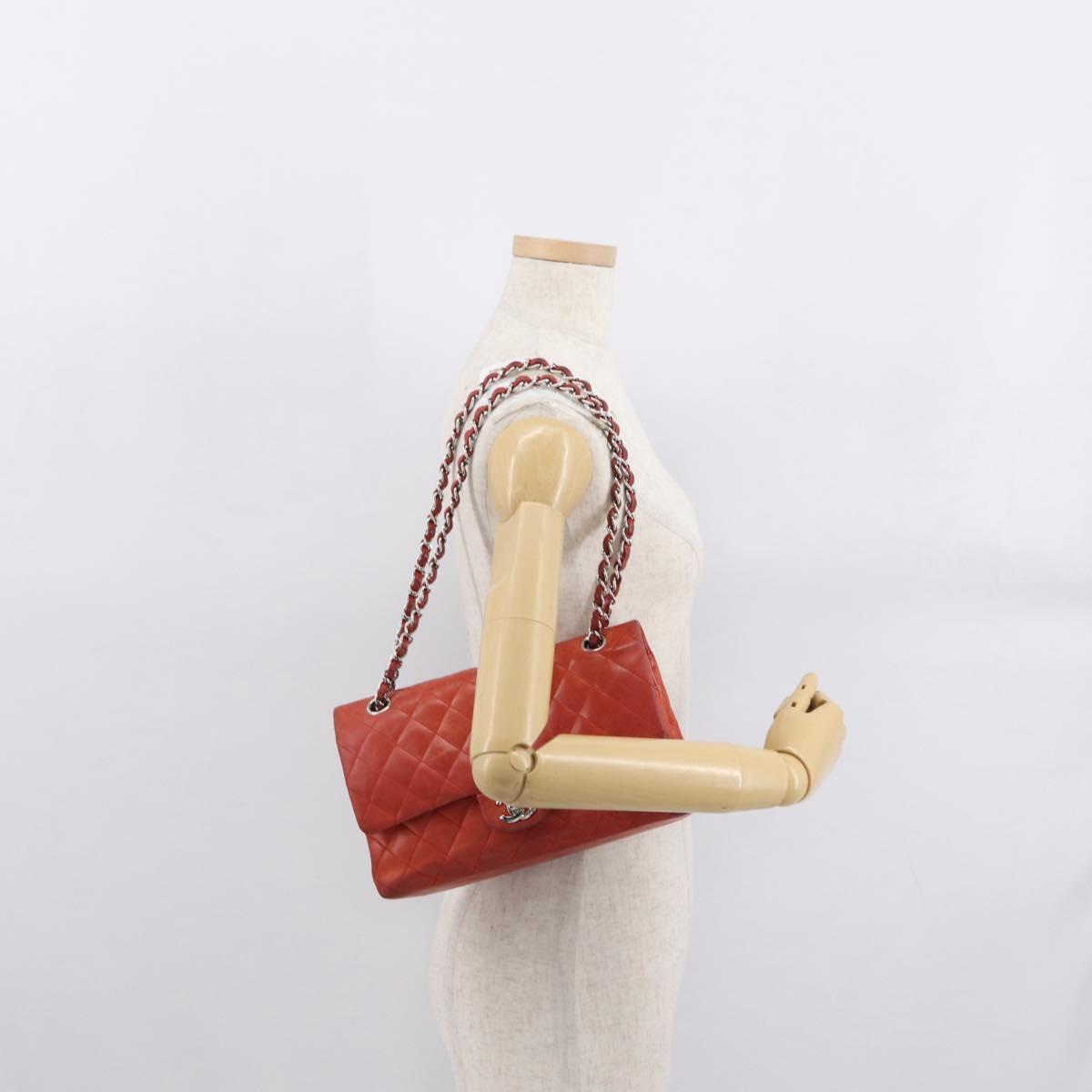 CHANEL Matelasse 25 Double Flap Chain Bag Lamb Skin Red Silver CC Auth 168059