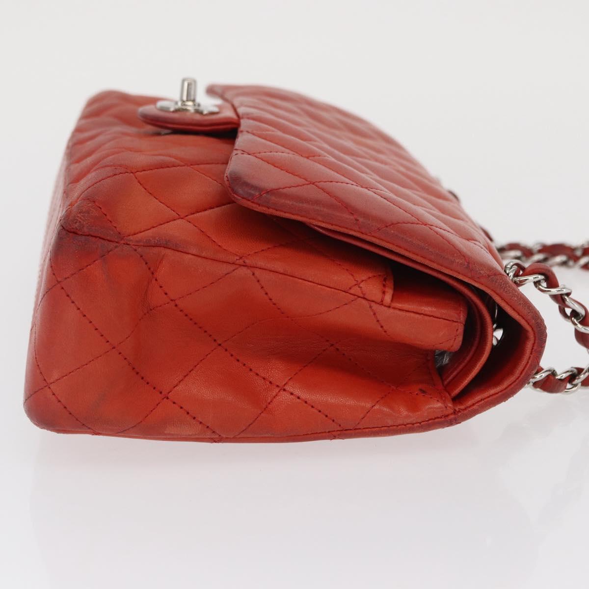 CHANEL Matelasse 25 Double Flap Chain Bag Lamb Skin Red Silver CC Auth 168059