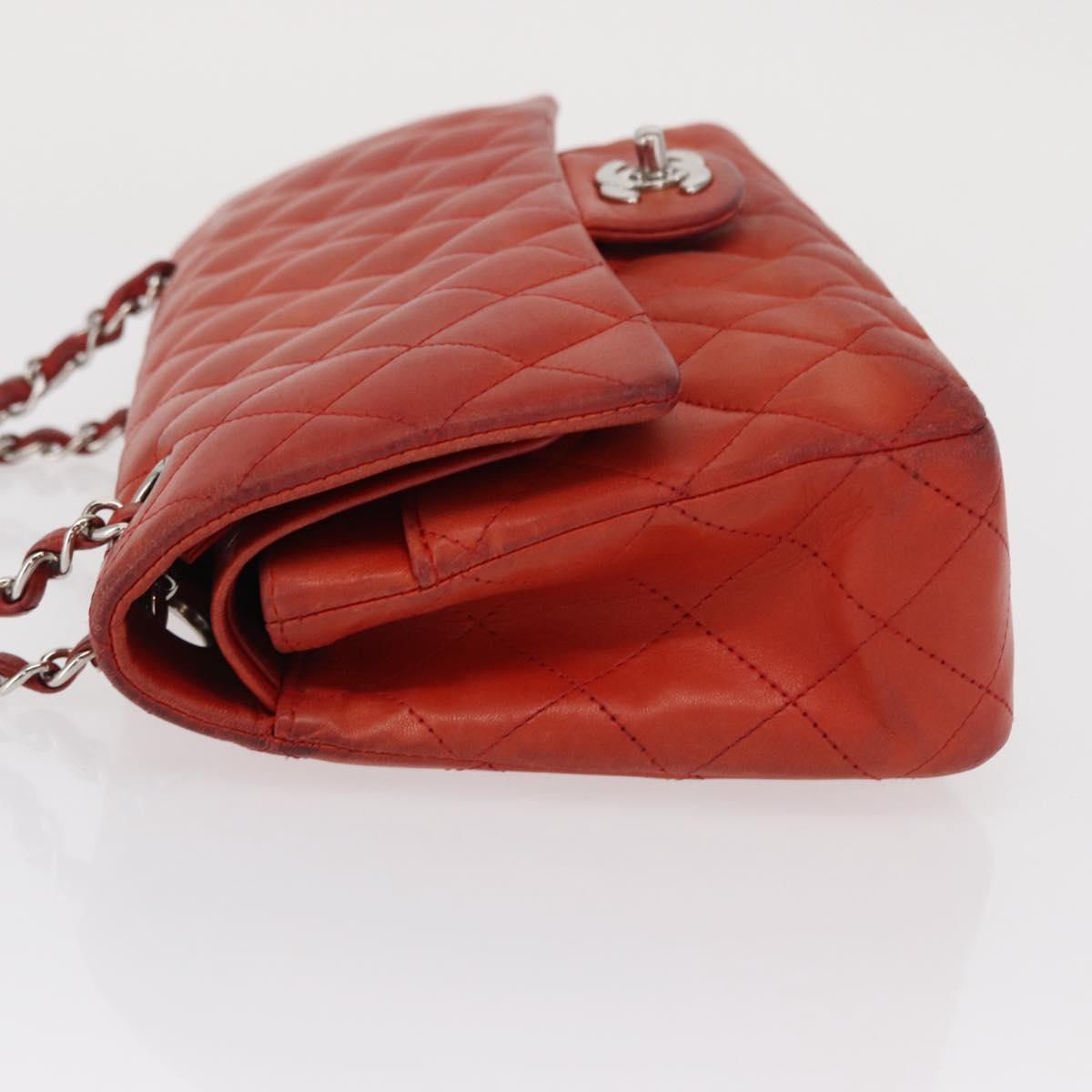 CHANEL Matelasse 25 Double Flap Chain Bag Lamb Skin Red Silver CC Auth 168059