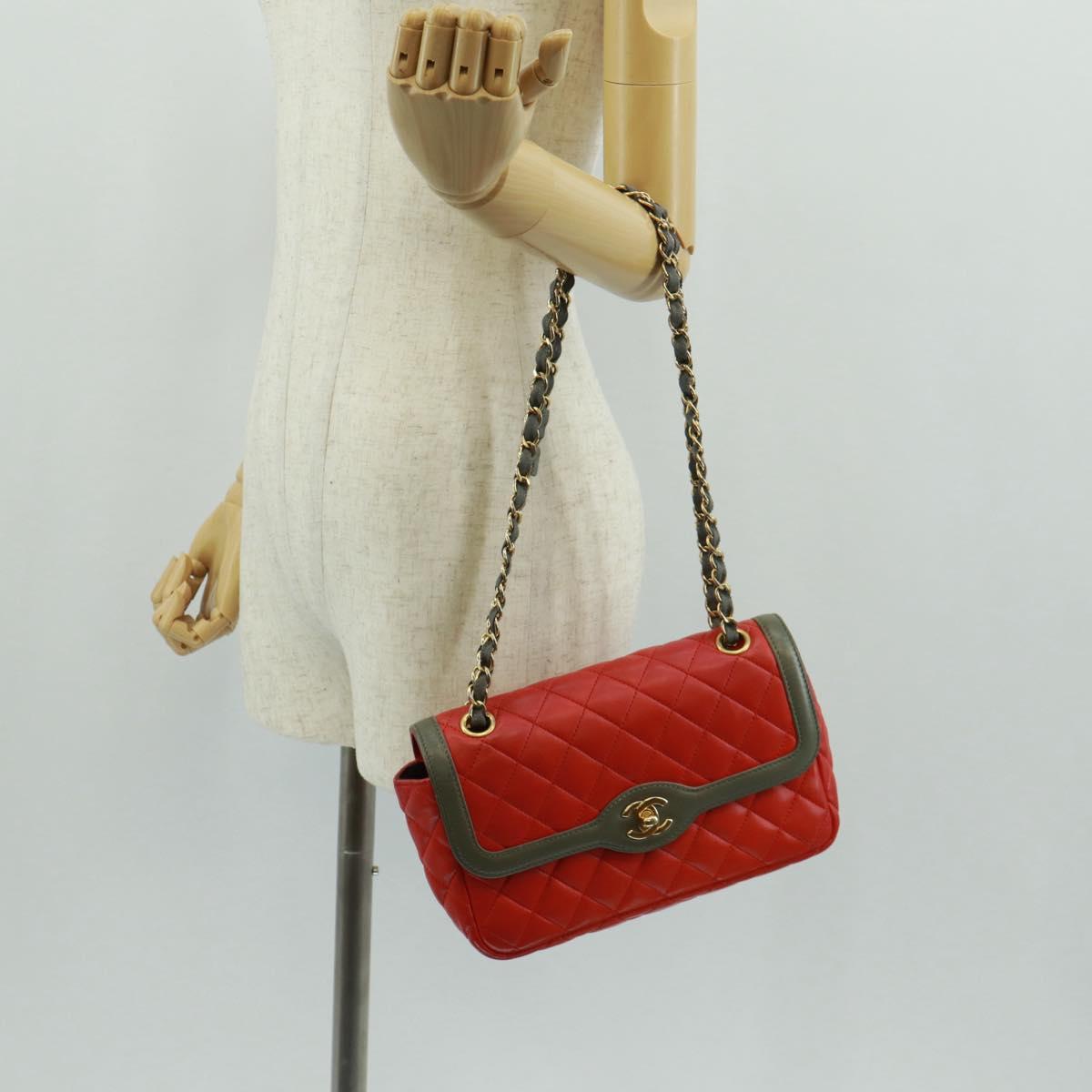 CHANEL Chain Matelasse 23 Shoulder Bag Lamb Skin Red Gold CC Auth 168061V