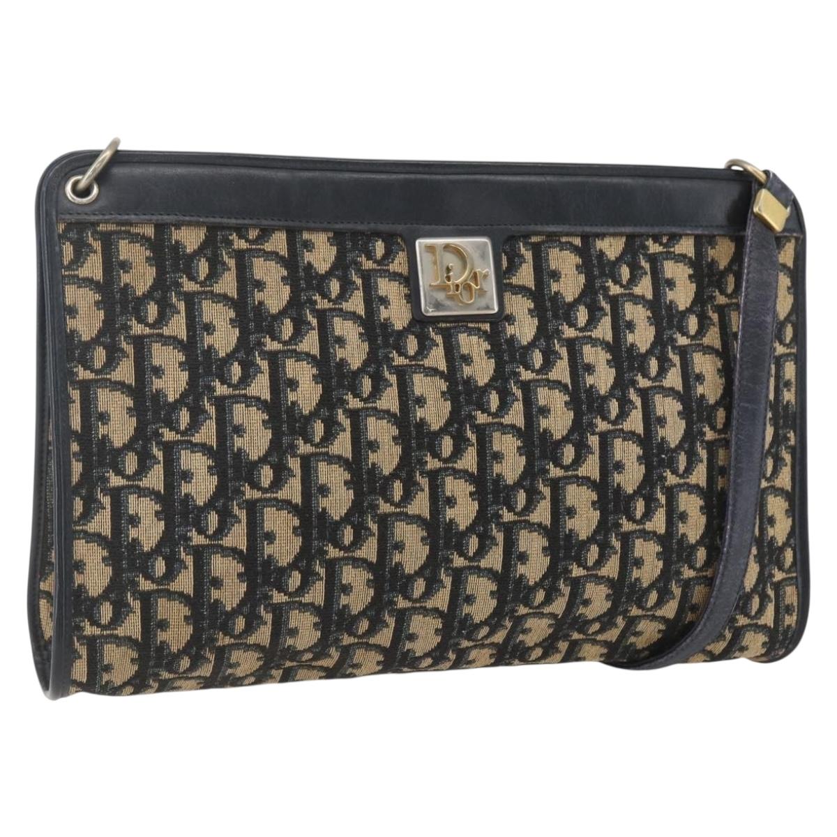 Christian Dior Trotter Canvas Shoulder Bag Navy Gold Auth 168085