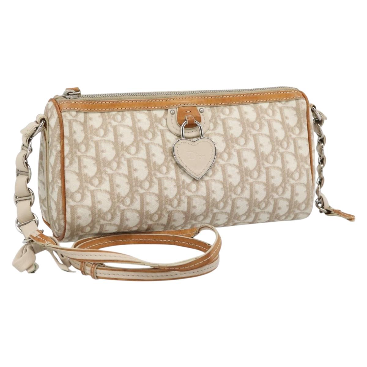 Christian Dior Trotter Canvas Romantic Bag PVC Beige Silver Auth 168086