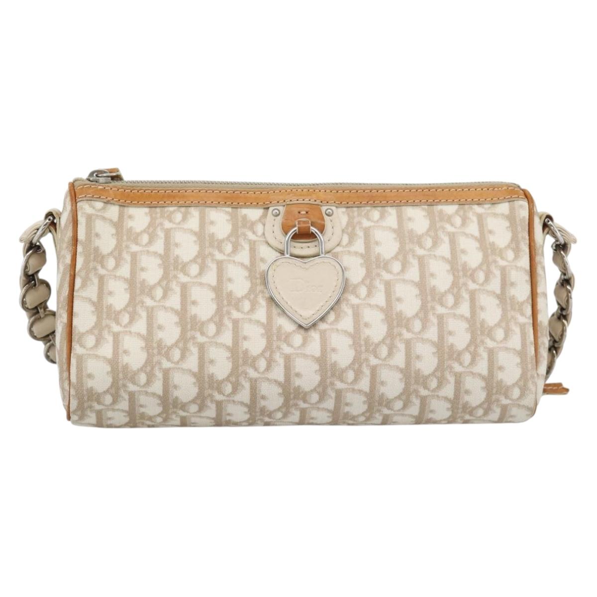 Christian Dior Trotter Canvas Romantic Bag PVC Beige Silver Auth 168086