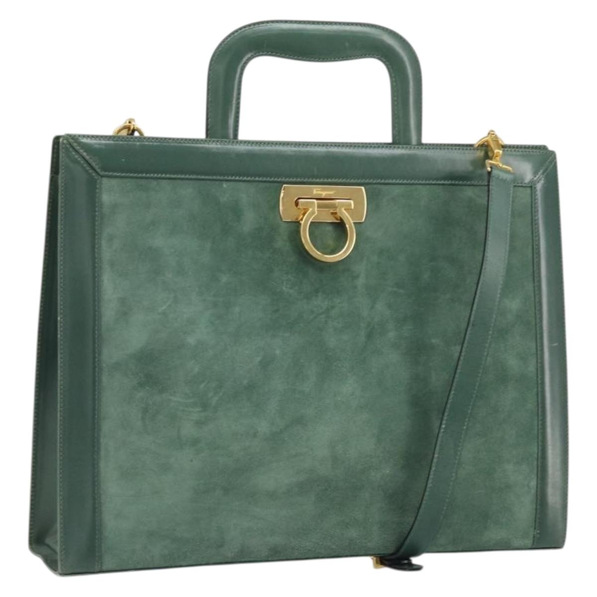 Salvatore Ferragamo Gancini Hand Bag Suede 2way Green Gold Auth 168093V