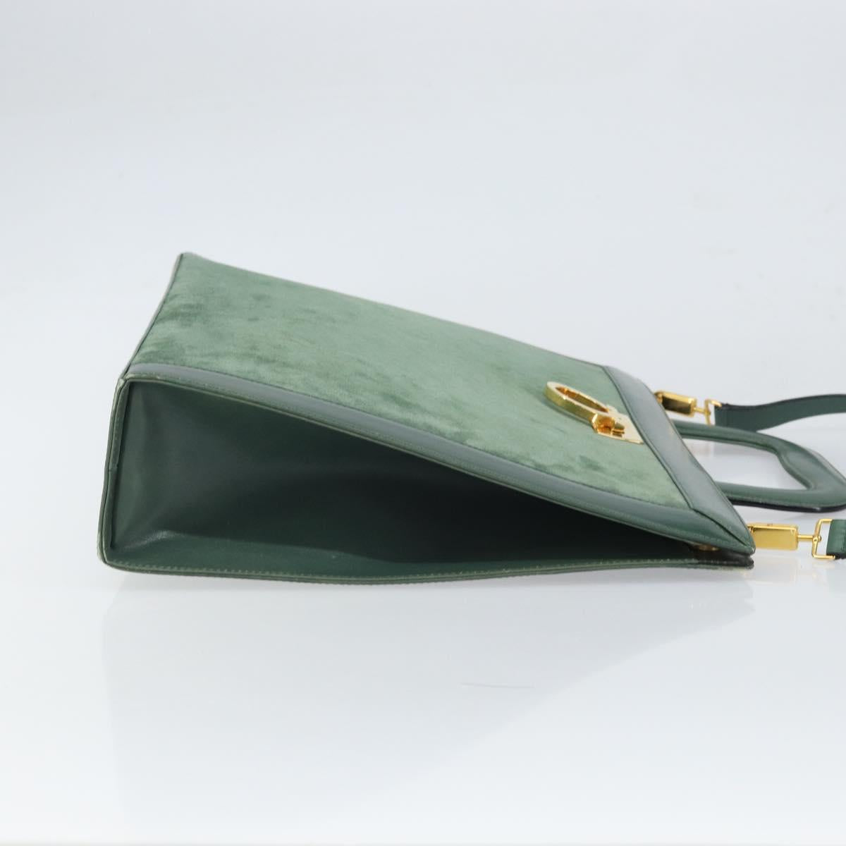 Salvatore Ferragamo Gancini Hand Bag Suede 2way Green Gold Auth 168093V