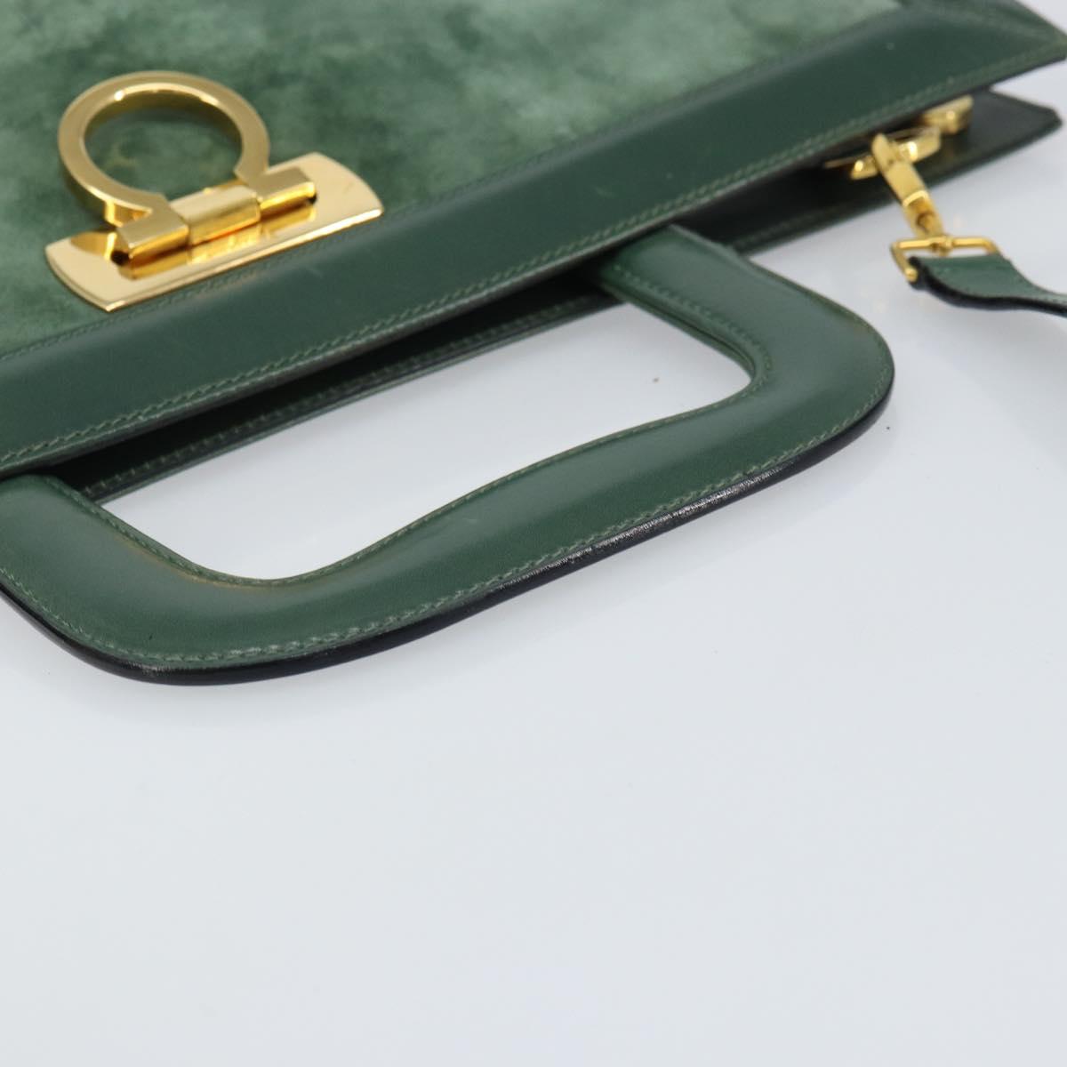 Salvatore Ferragamo Gancini Hand Bag Suede 2way Green Gold Auth 168093V