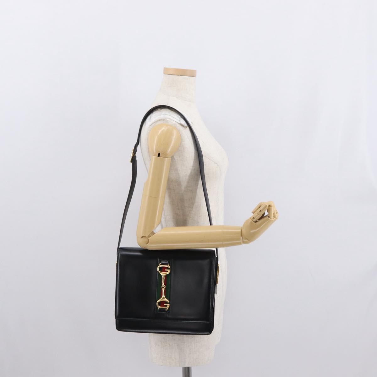 GUCCI Web Sherry Line Horsebit Shoulder Bag Leather Black Gold Auth 168125