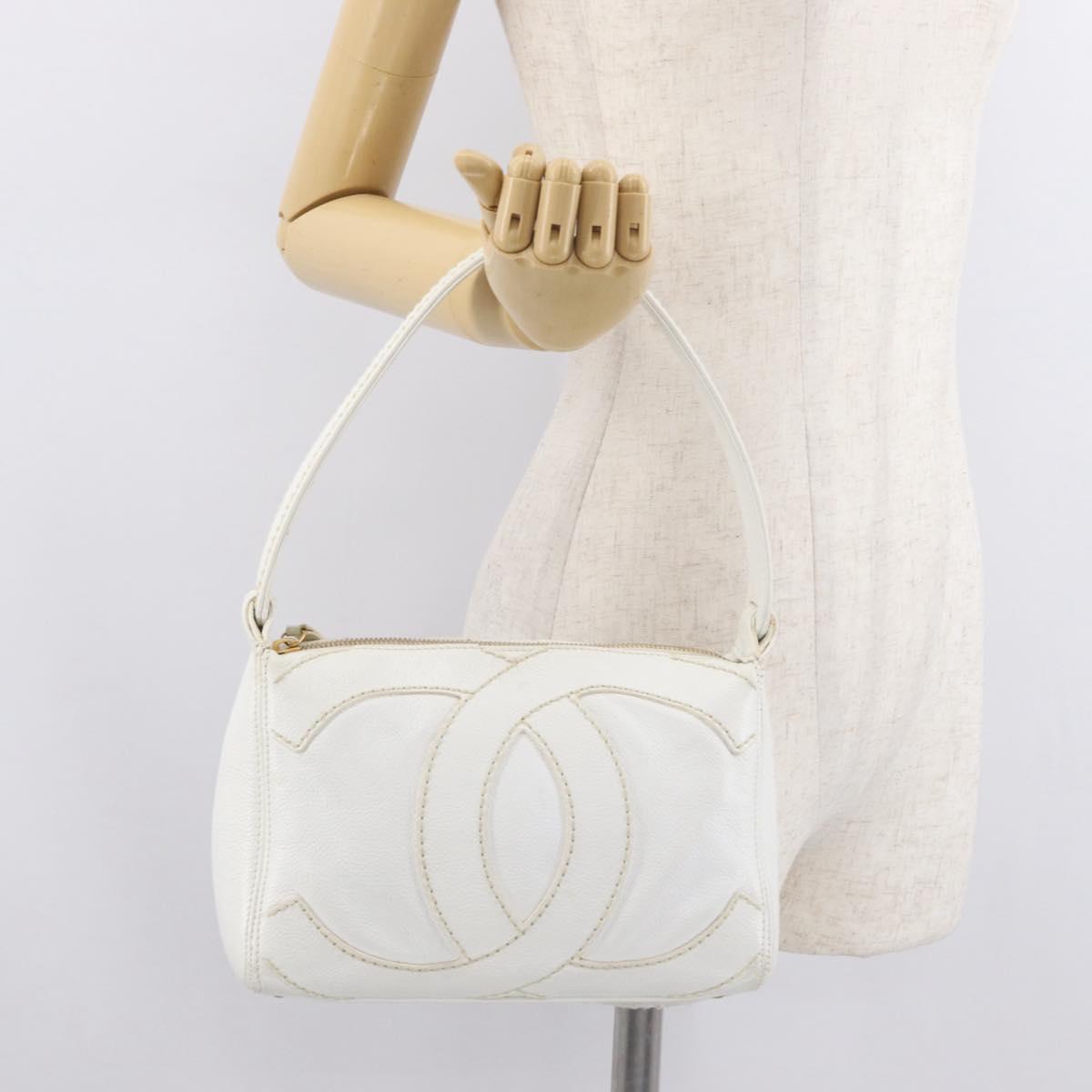 CHANEL COCO Mark Shoulder Bag Caviar Skin White Gold CC Auth 168141SAV