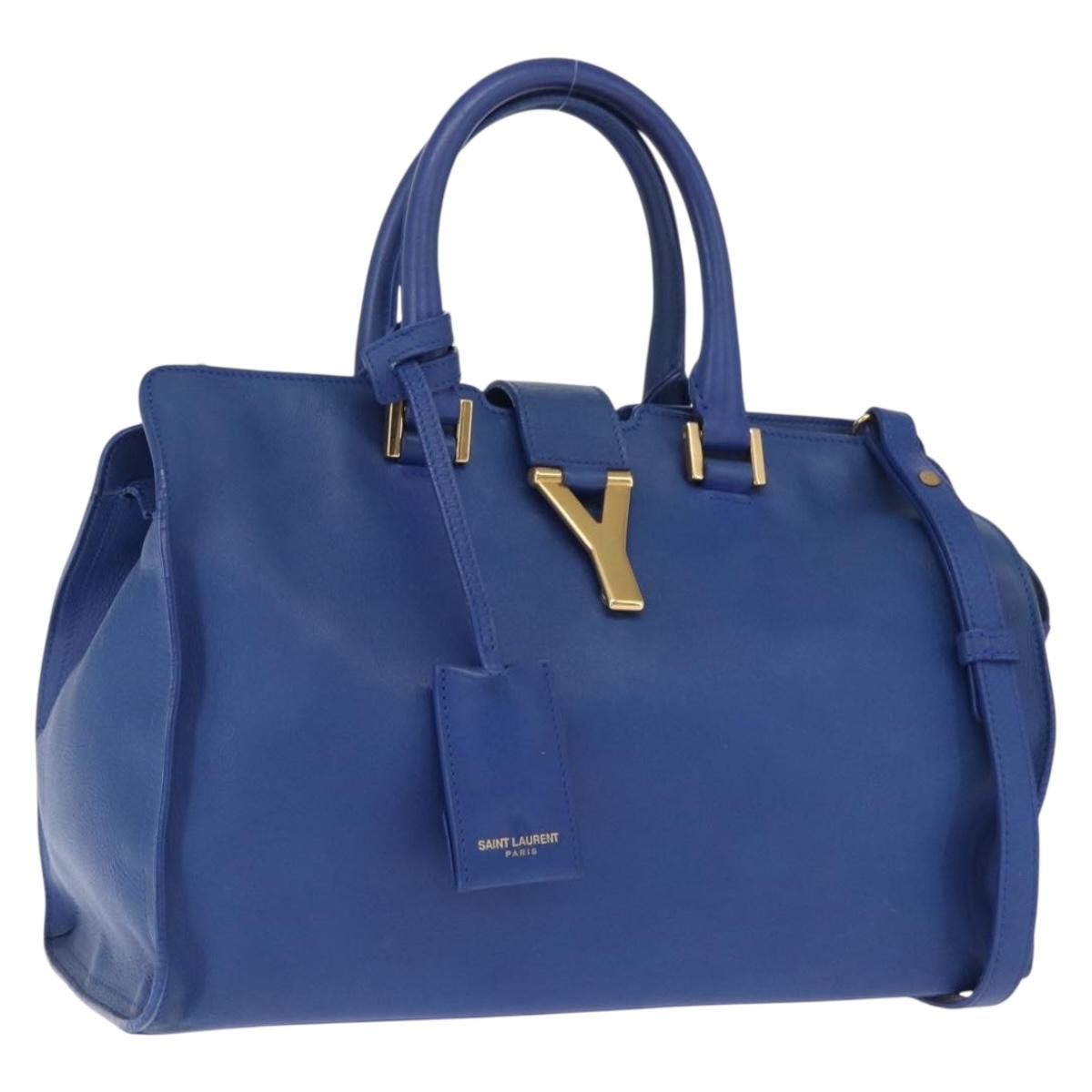 SAINT LAURENT Baby Kabas Hand Bag Leather 2way Blue Gold 311210 Auth 168154