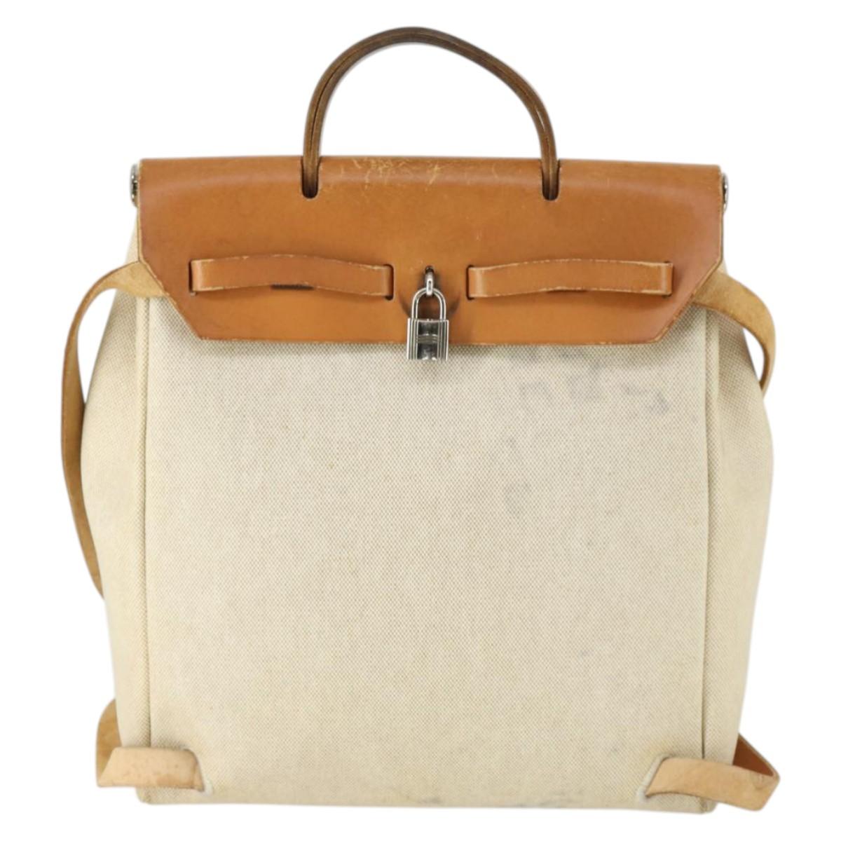 HERMES Herbag Ad PM Backpack Canvas Leather 2way Beige Silver Auth 168174