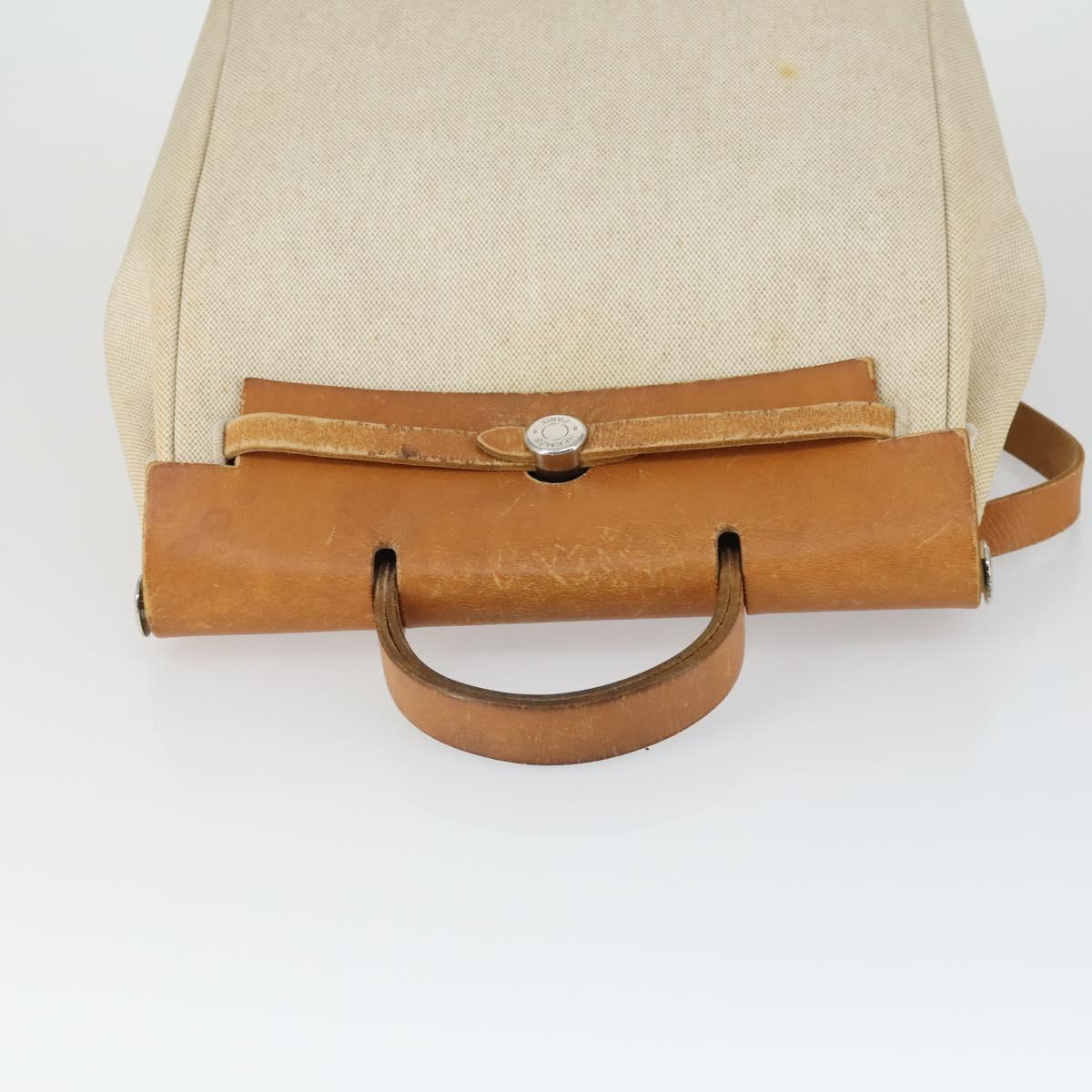 HERMES Herbag Ad PM Backpack Canvas Leather 2way Beige Silver Auth 168174