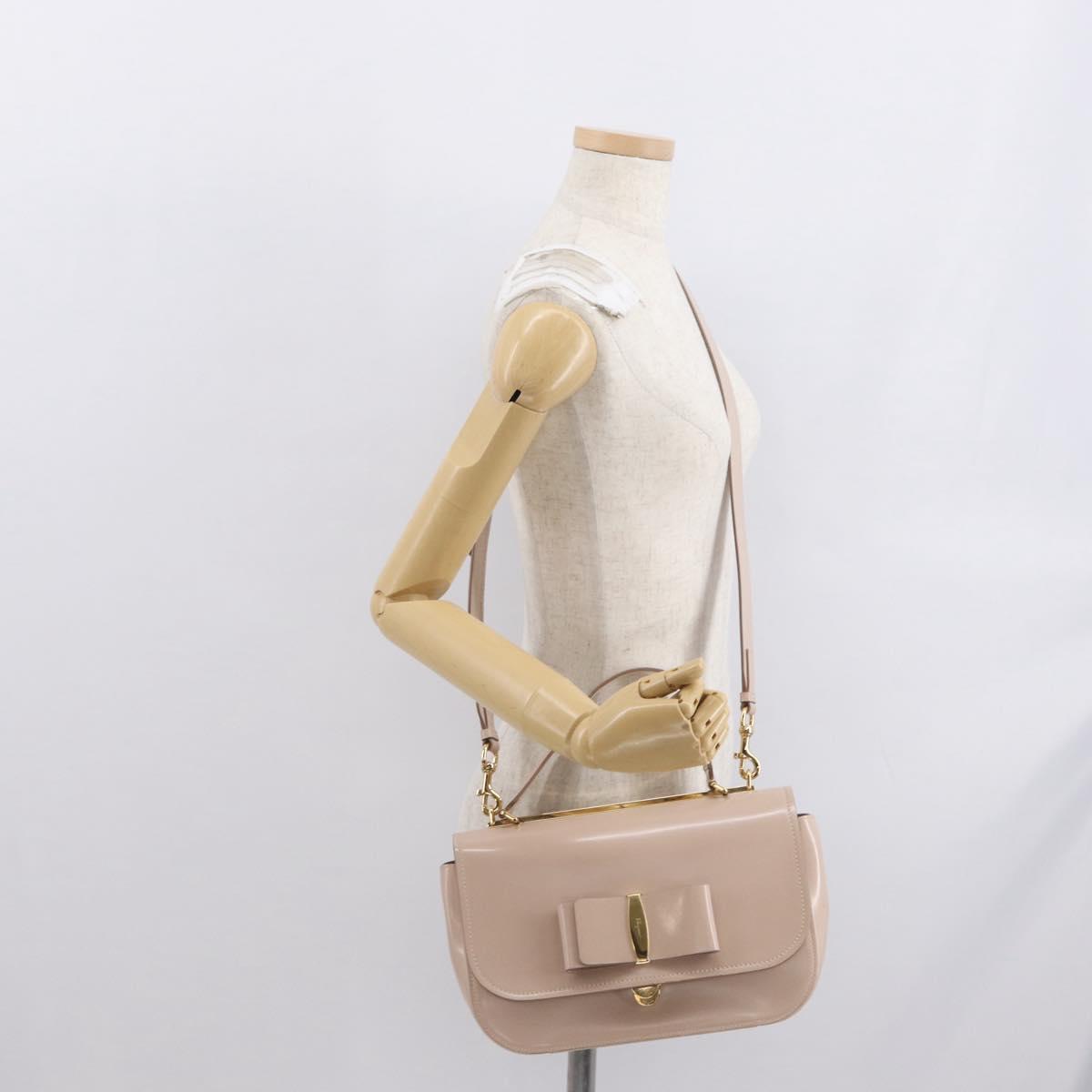 Salvatore Ferragamo Vala Hand Bag Leather 2way Beige Gold Auth 168221