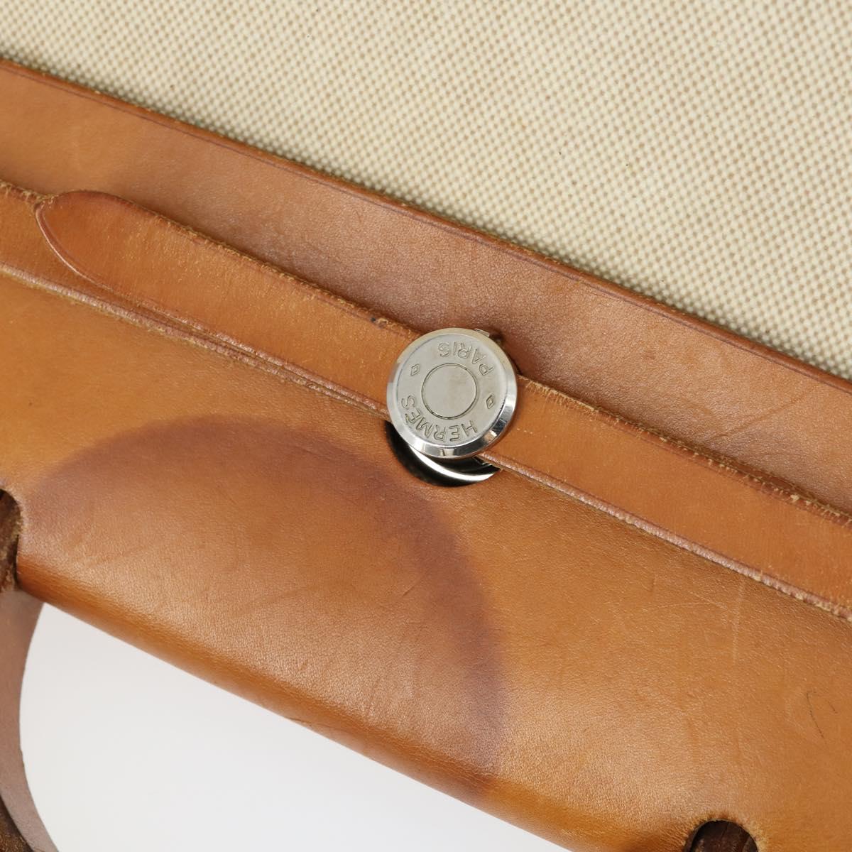 HERMES Her Bag MM Hand Bag Canvas Beige Silver Auth 168228