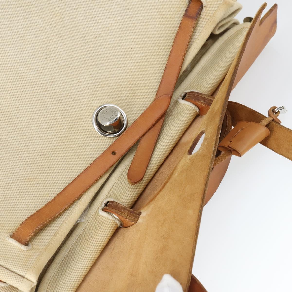HERMES Her Bag MM Hand Bag Canvas Beige Silver Auth 168228
