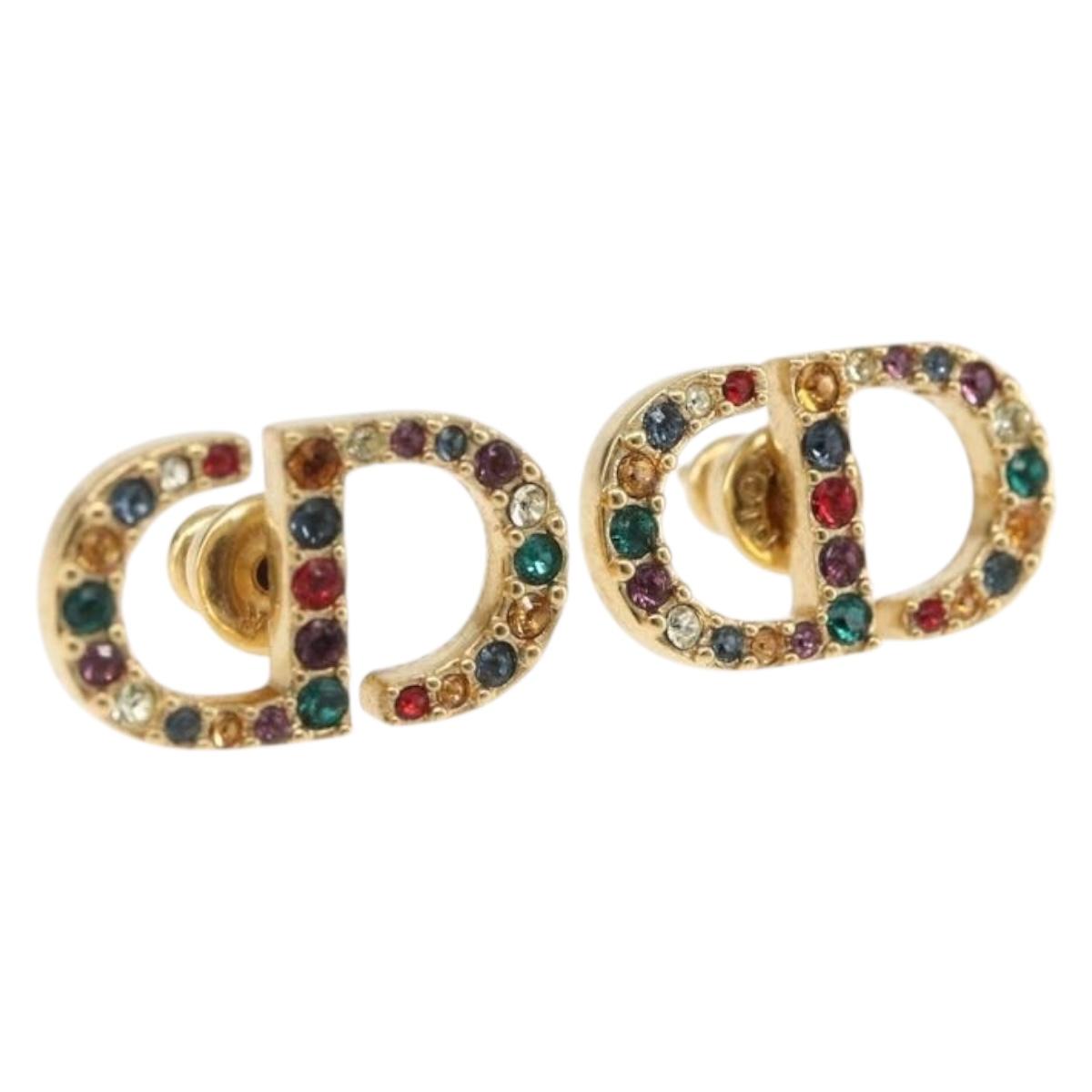 Christian Dior Rhinestone Pierce Earring metal Gold Tone Auth 168258M