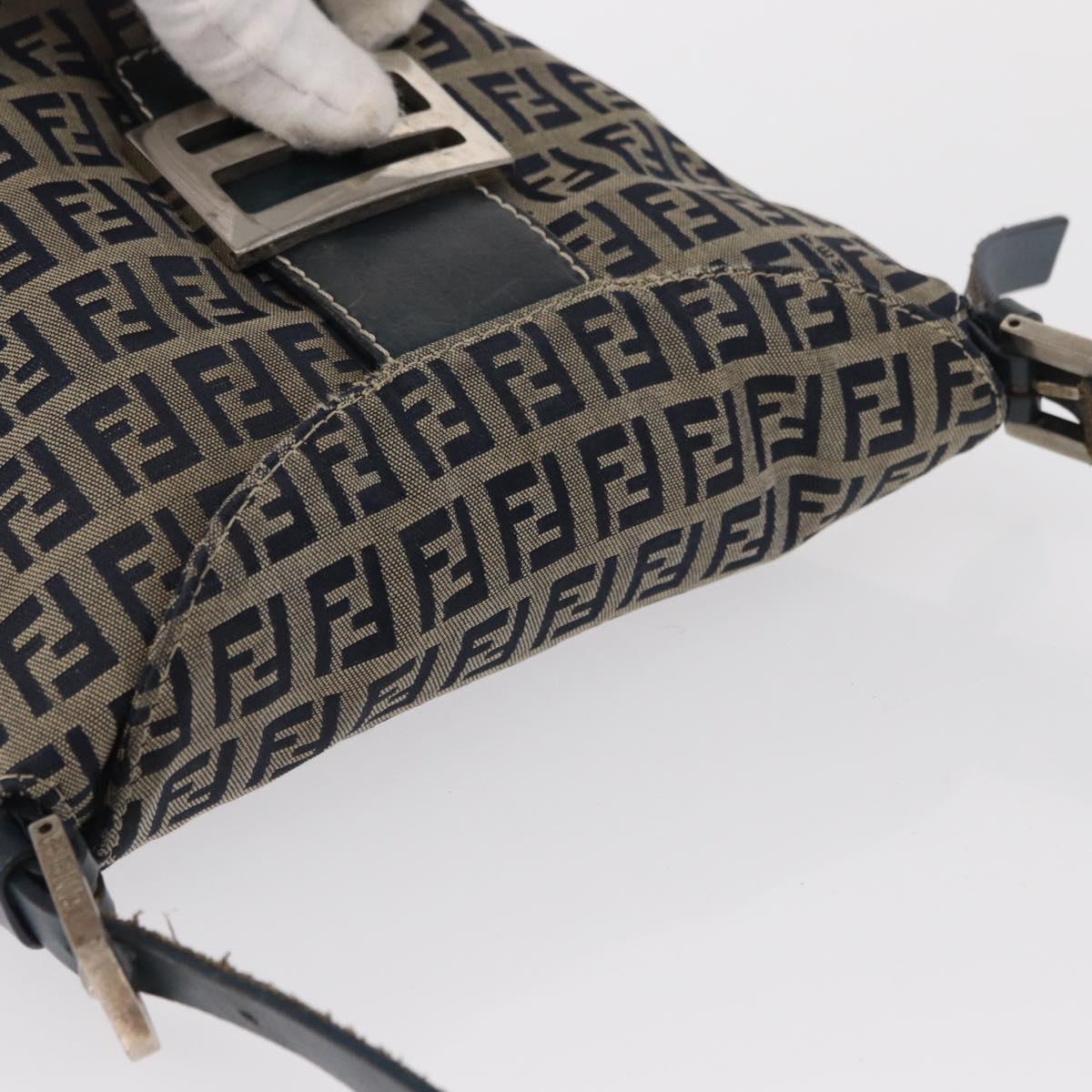 FENDI Zucchino Canvas Mamma Baguette Shoulder Bag Navy Silver Auth 168294