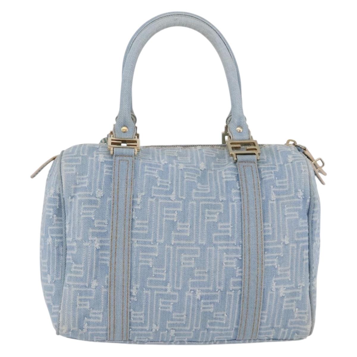 FENDI Zucca Canvas Boston Bag Light Blue Gold Auth 168309V