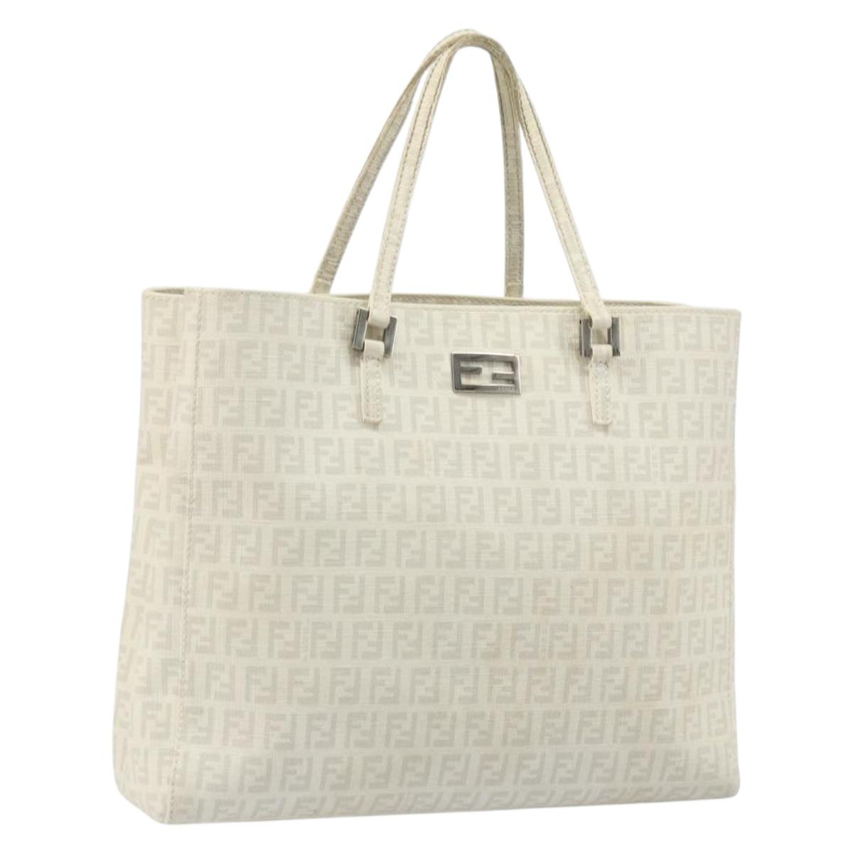 FENDI Zucchino Canvas Tote Bag White Silver Auth 168311A