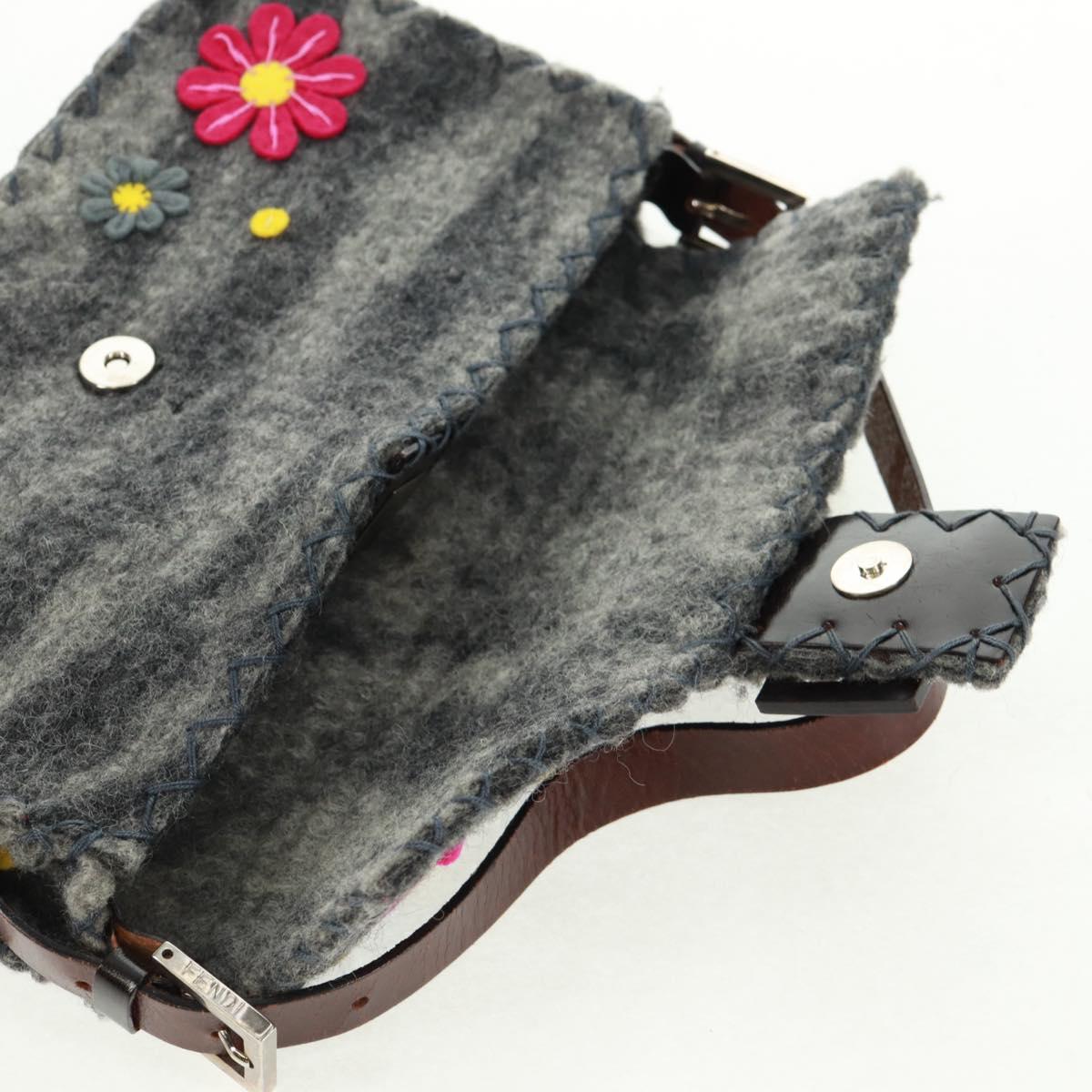 FENDI Flower Pattern Mamma Baguette Shoulder Bag Wool Gray Silver Auth 168312SAV