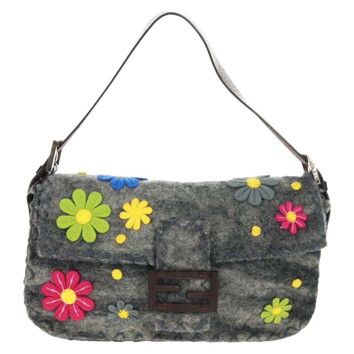FENDI Flower Pattern Mamma Baguette Shoulder Bag Wool Gray Silver Auth 168312SAV