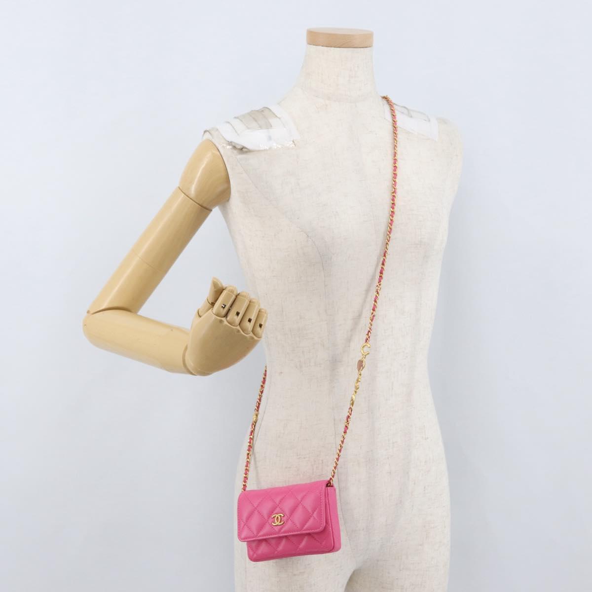 CHANEL Matelasse Chain Pouch Shoulder Bag Lamb Skin Pink Gold CC Auth 168325SAM