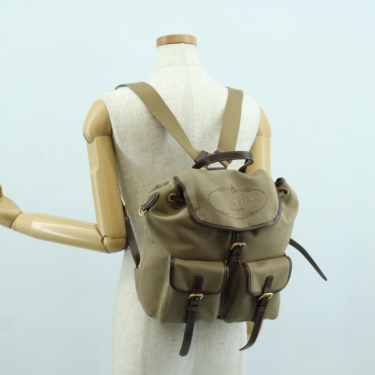 PRADA Backpack Canvas Beige Gold Auth 168350V